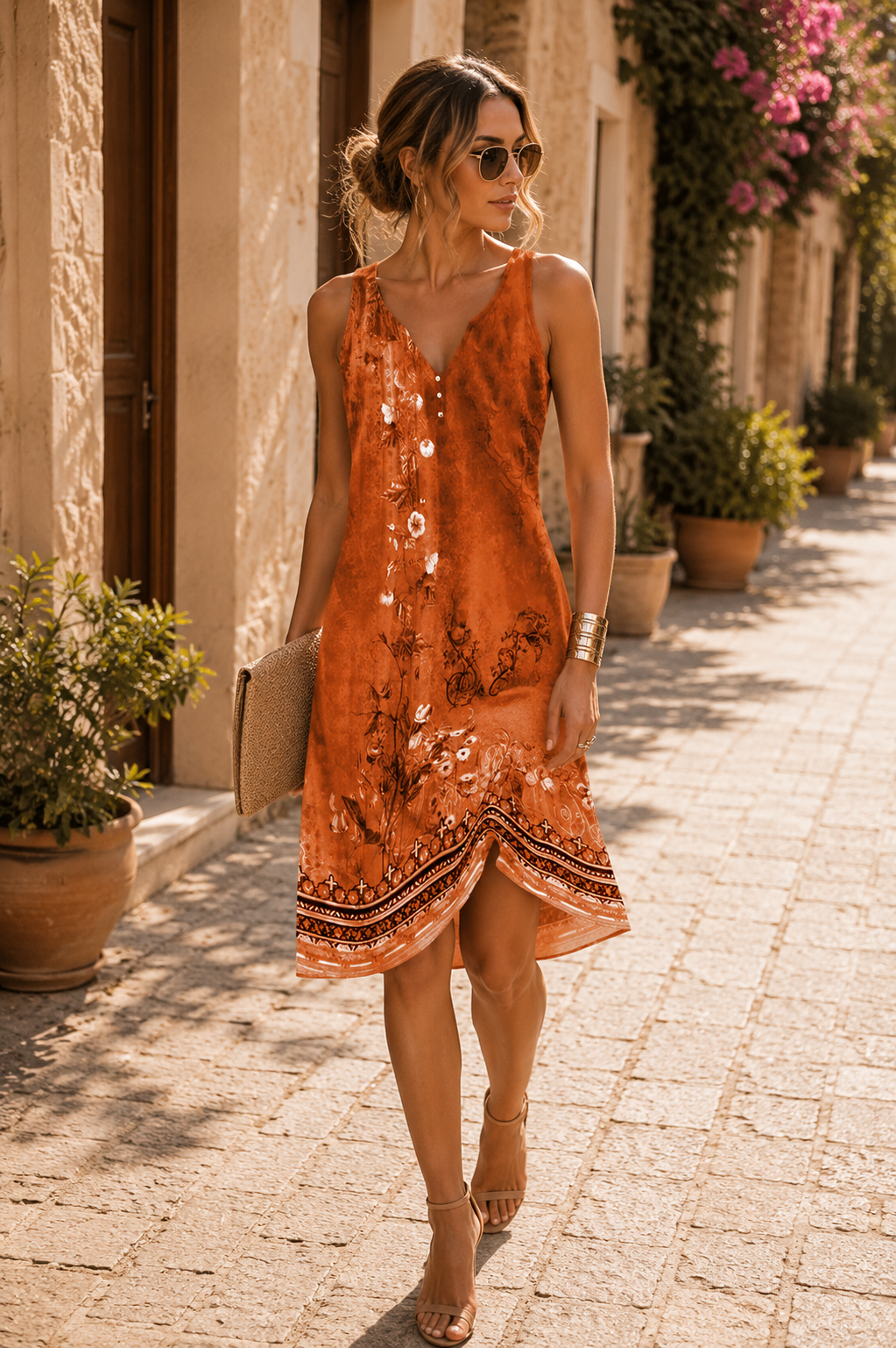 Robe champêtre fleurie orange
