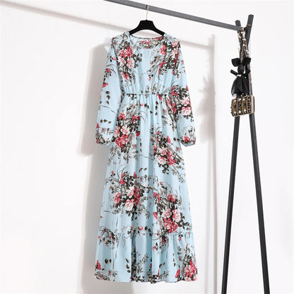 Robe Longue Bohème Fleurie Manches Longues O-Neck Printemps Été Femme XIBUSANA