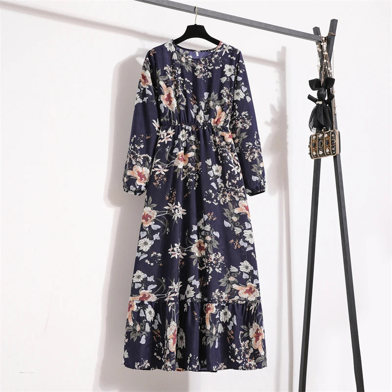 Robe Longue Bohème Fleurie Manches Longues O-Neck Printemps Été Femme XIBUSANA