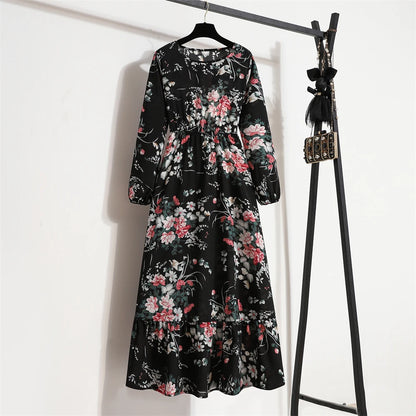 Robe Longue Bohème Fleurie Manches Longues O-Neck Printemps Été Femme XIBUSANA
