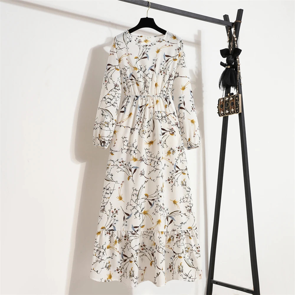 Robe Longue Bohème Fleurie Manches Longues O-Neck Printemps Été Femme XIBUSANA
