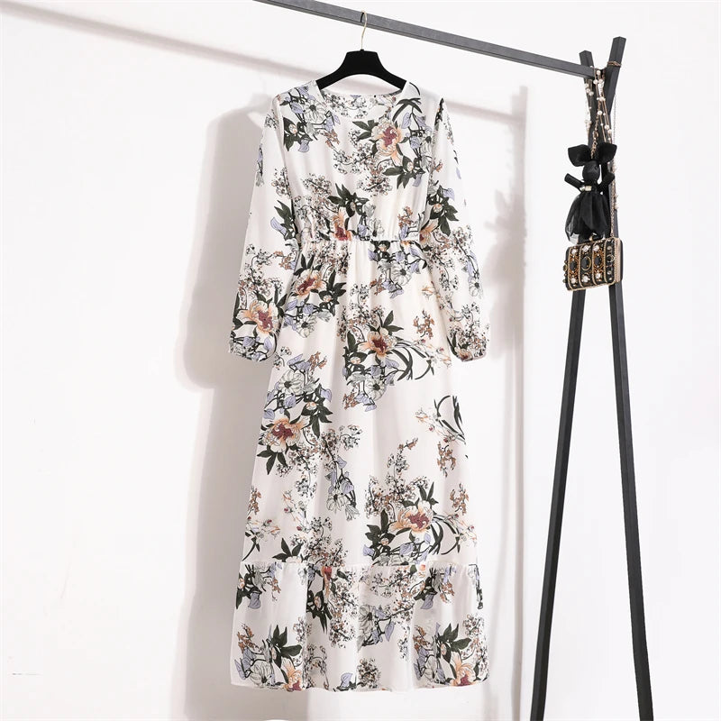 Robe Longue Bohème Fleurie Manches Longues O-Neck Printemps Été Femme XIBUSANA
