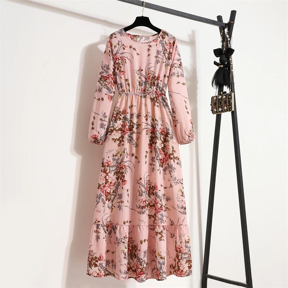 Robe Longue Bohème Fleurie Manches Longues O-Neck Printemps Été Femme XIBUSANA