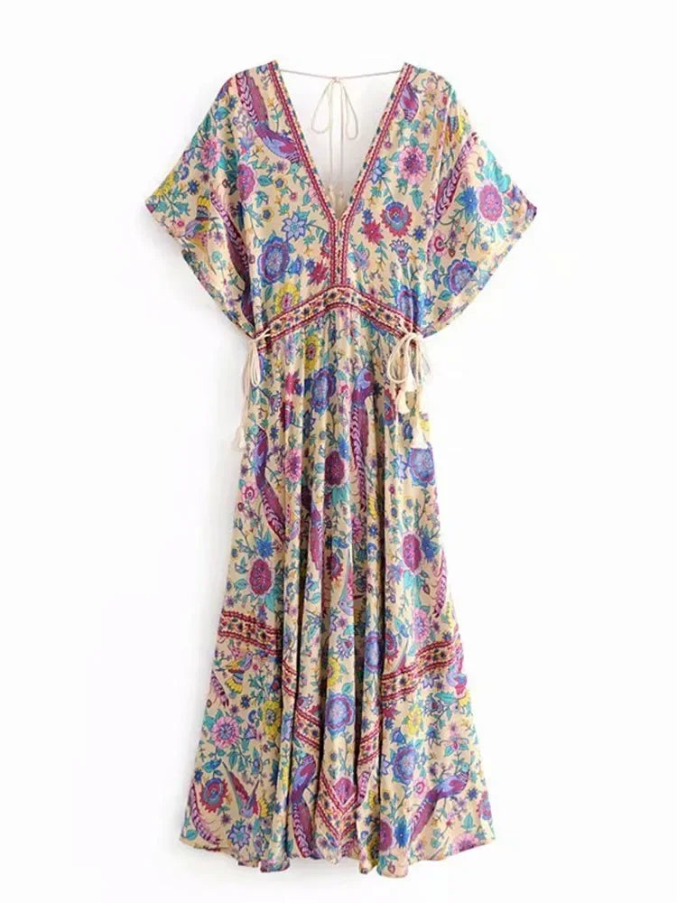 Robe Longue Bohème Chic Femme Imprimé Paon Manches Chauve-Souris