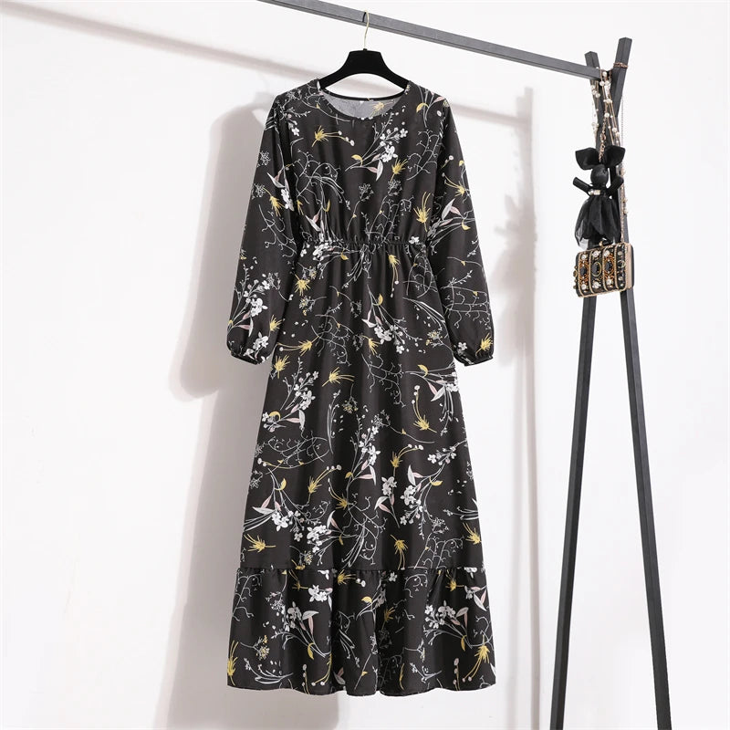 Robe Longue Bohème Fleurie Manches Longues O-Neck Printemps Été Femme XIBUSANA