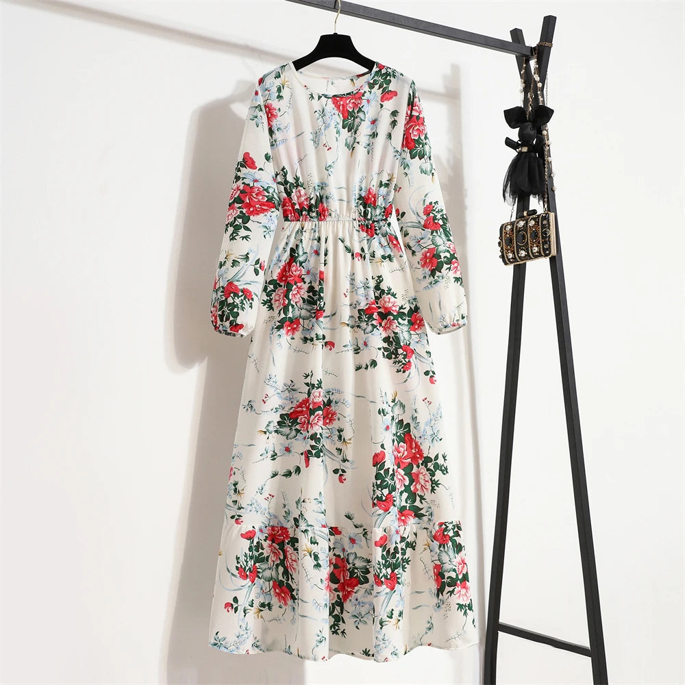 Robe Longue Bohème Fleurie Manches Longues O-Neck Printemps Été Femme XIBUSANA