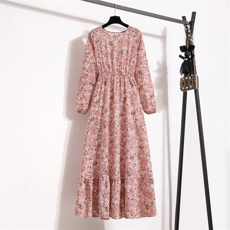 Robe Longue Bohème Fleurie Manches Longues O-Neck Printemps Été Femme XIBUSANA