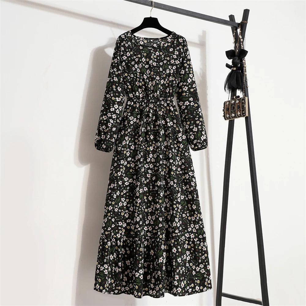 Robe Longue Bohème Fleurie Manches Longues O-Neck Printemps Été Femme XIBUSANA