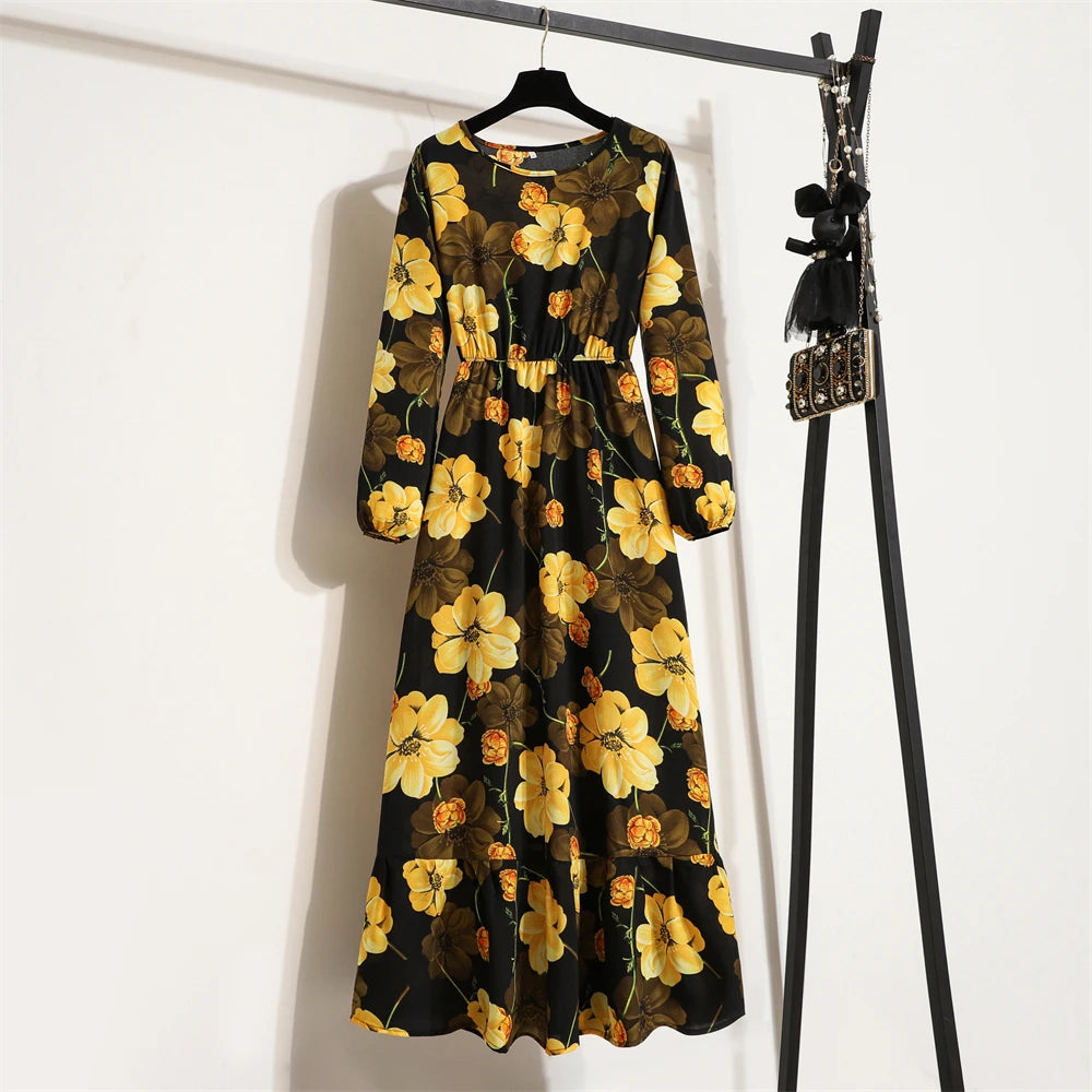 Robe Longue Bohème Fleurie Manches Longues O-Neck Printemps Été Femme XIBUSANA