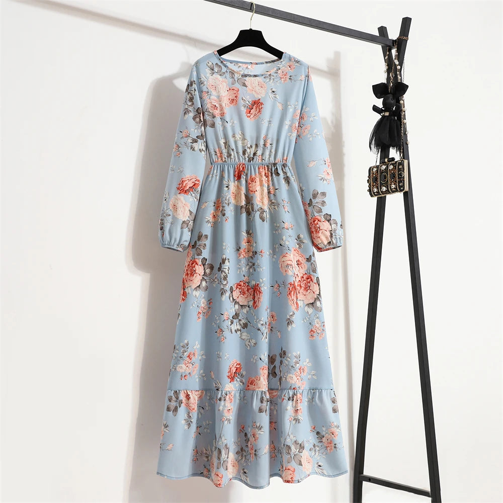 Robe Longue Bohème Fleurie Manches Longues O-Neck Printemps Été Femme XIBUSANA